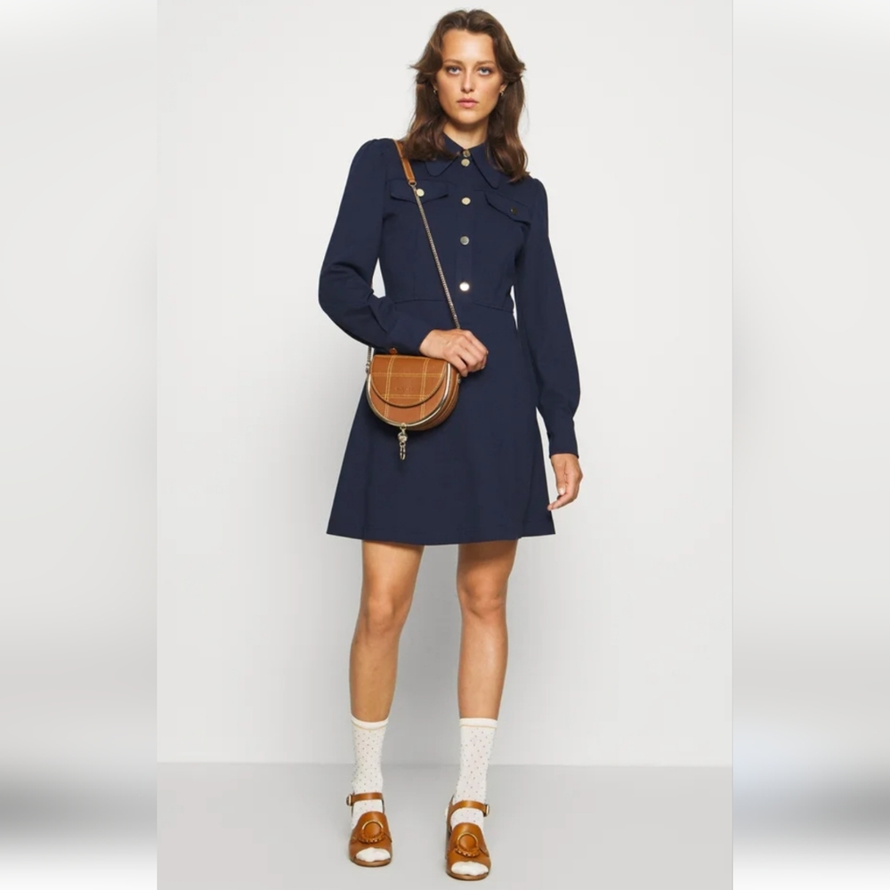 SEE BY CHLOE Cinched Waist Polo Navy Blue Dress Jersey Knit Sz XL Org $530